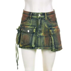 Хит продаж, летняя уличная джинсовая юбка с несколькими карманами и завязками, окрашенная Мини-Юбка Для Женщин