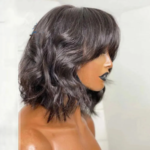 Wig rambut manusia pendek model bob bergelombang, potongan layer, dengan poni, warna hitam alami, tanpa lace, buatan mesin, bagian atas seperti kulit kepala manusia, rambut Remy untuk wanita kulit hitam. - Product Image 3