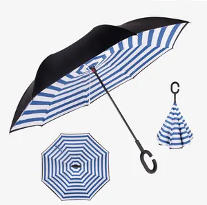 China Hot Selling Nieuwe Producten Goedkope C Handvat Reverse Paraplu Winddicht Double Layer Rechte Paraplu Met Logo Prints