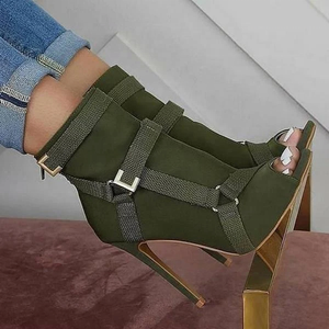 Streetwear Back Zipper Buckle Strap Round Peep Toe Women Ankle <b>Boots</b> Solid Thin High Heel Short Booties for Ladies Big Size 43 - Product Image 5