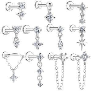 Boucles d'oreilles clous en argent S925 avec zircon et chaîne filetée, plaqué rhodium, bijoux tendance pour femme - Product Image 1