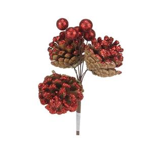 BRANCHES DE CONIFERS ET BAIES ARTIFICIELLES, COULEUR NATURELLE ET PAILLETTES ROUGES, 21X10CM - Product Image 1