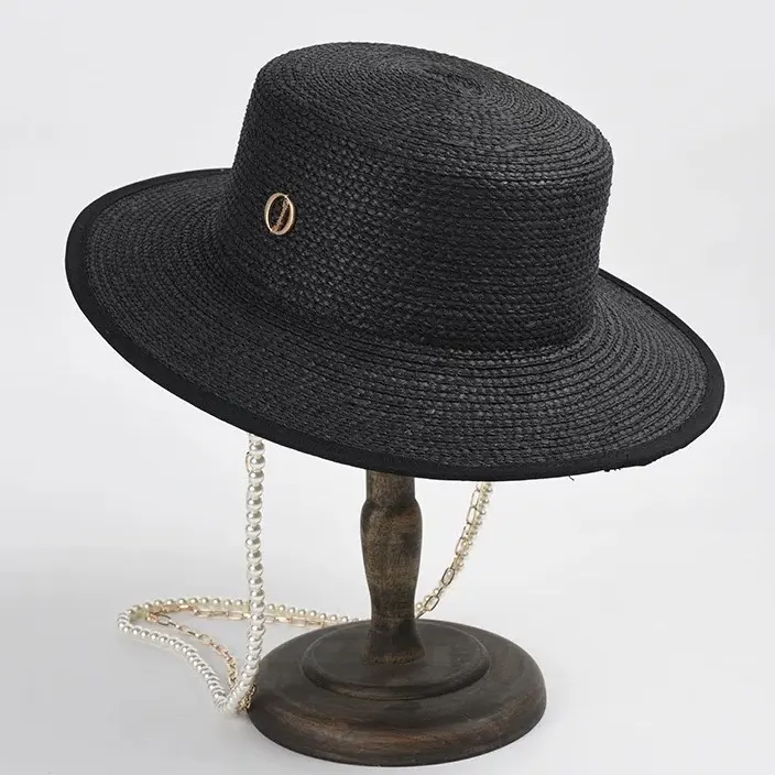 Bán Buôn 2022 Thời Trang Mùa Hè Faux Raffia Sun Hat Braid Giấy Rơm Boater Hat Lady Hợp Thời Trang Sun Bãi Biển Hat Với Chin Ngọc Trai Chuỗi