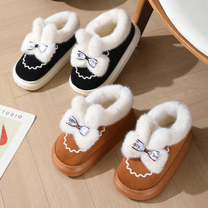 Chaussons d'hiver pour femmes à semelle épaisse en EVA, doublés de fourrure, lumineux, doux, pour la maison, avec nœud décoratif, en velours et cuir, chauds et confortables - Product Image 1