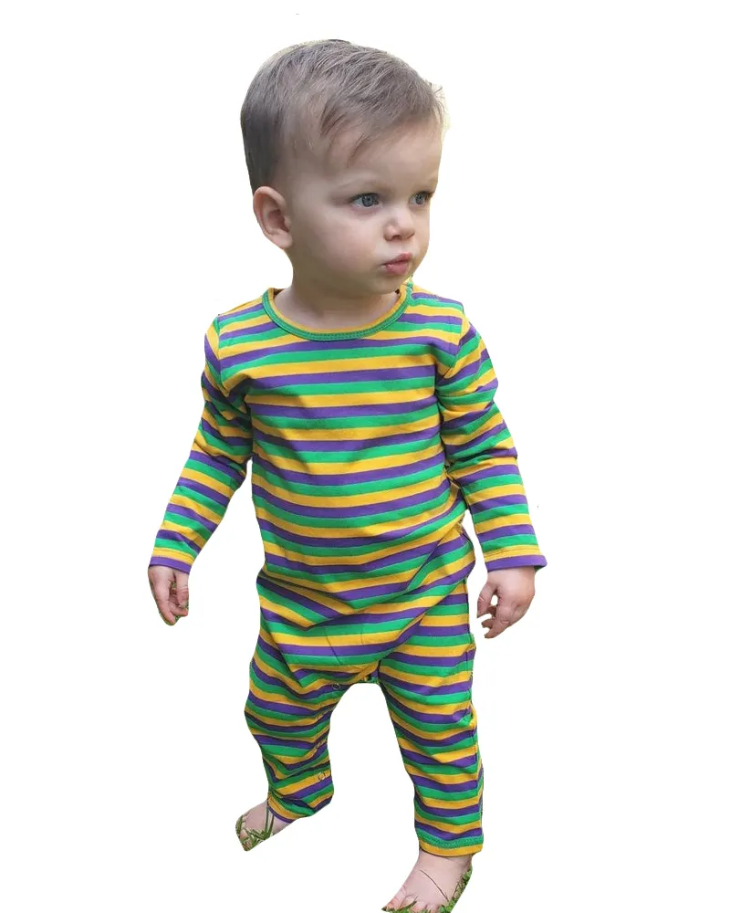 Winter Groothandel Baby Onsie Melk Zijde Lange Mouw Icing Legging Romper Paars Goud Groen Mis Strepen Mardi Gras Baby Romper