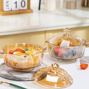 Bol en verre cristal ambre diamanté en gros, bol à nouilles instantanées, bol à salade avec couvercle, double anse, brun doré pour la maison - Product Image 2
