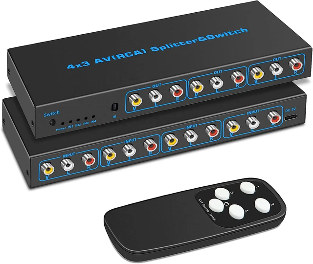 4X3 Composite Switcher RCA AV Splitter Switch 4 in 3 Out RCA Switcher Box Supports Video L/R Stereo