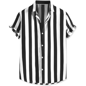 Men's ODM Custom Logo Stripe Print Breathable Stand Collar Short Sleeved Color Block Button <b>Down</b> Summer Beach Shirt 100% Cotton - Product Image 1