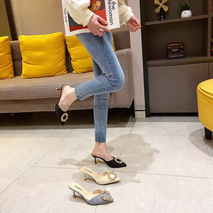 New Slippers Women's Summer Wear Outdoor Half Slippers Women's French Rhinestone Heels Thin Heels and Toe <b>Sandals</b> in Black - Product Image 4