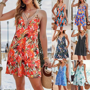 Vestido de encaje con cuello en V para mujer, ropa de playa de verano 2025, sin mangas, estampado Tropical, Vestido corto informal, traje de vacaciones - Product Image 1