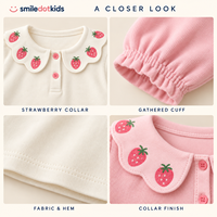 Haut en tricot à manches longues pour filles, col Peter Pan festonné motif fraise, patte de boutonnage, poignets froncés, vente en gros, OEM, ODM, marque privée
