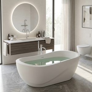 Bañera Ovalada Independiente de Acrílico de 1.7m, Diseño Moderno y Minimalista, con Drenaje Central, Bañera de Hidromasaje con Cascada - Product Image 1