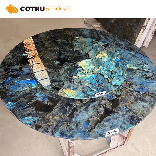 Labradorite Blue Granite Dining Table Top Marble Natural Stone Countertop for Living Room Furniture Decor with Turntable
