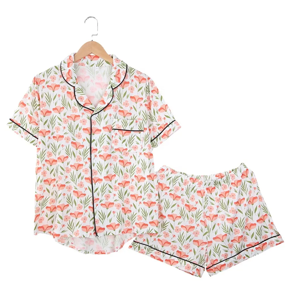 クラシックデザイン卸売2ピース快適竹スパンデックス夏パジャマ女性用半袖ショートパジャマセット