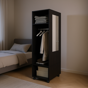 Armario de Madera Convertible Negro con Espejo, Puerta Corredera, 3 Estantes, 2 Cajones, Diseño Europeo Moderno para Dormitorio - Product Image 2