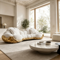 Canapé multiplace incurvé en bouclette blanche avec base en fibre de verre sculptée dorée et table basse ronde en pierre pour salon de luxe