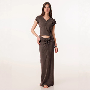 SUHE Women's V-Neck Short Sleeve Top Drawstring Long Skirt Set Ultra Low Waist Breathable Leisure Wear Casual Dress Style Wrap - Product Image 1