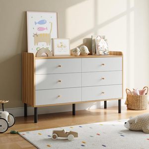 <span class=keywords><strong>Commode</strong></span> en bois naturel large à <span class=keywords><strong>6</strong></span> <span class=keywords><strong>tiroirs</strong></span> avec poignées métalliques, design moderne et écologique pour chambre, couloir, entrée, salon, hôpital - Product Image 1