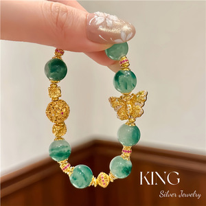 Jadeite Butterfly <b>Bracelet</b> S925 Sterling Silver Gold Plated Green <b>Beads</b> Women Everyday Wear - Product Image 1