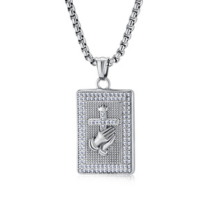 Hip Hop Diamond Prayer Hand <b>Cross</b> Necklace Unisex Everyday Wear Geometric Pendant Round Brilliant Cut Side Stone - Product Image 5