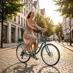 Nouveau vélo <span class=keywords><strong>de</strong></span> ville rétro pour femmes <span class=keywords><strong>de</strong></span> 26 pouces avec cadre bleu à enjambement bas, pneus <span class=keywords><strong>de</strong></span> 2,5 pouces, 7 vitesses, porte-bagages arrière intégré, qualité supérieure - Product Image 2