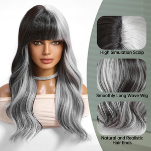 Peluca negra y gris de 22 pulgadas <span class=keywords><strong>con</strong></span> degradado, gorra transpirable resistente al calor de fibra blanca de colores mezclados, red rosa, pelo largo realista, foto Real - Product Image 4