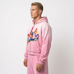 <b>Pink</b> Rhinestone Tracksuit Zip Up <b>Hoodie</b> Set Embroidered Jogger Pants Casual Wear for Unisex - Product Image 4
