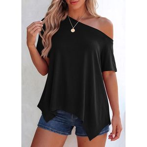 Haut d'été asymétrique à épaules dénudées pour femme, tunique ample à manches courtes, chemisier décontracté en polyester tricoté respirant - Product Image 6