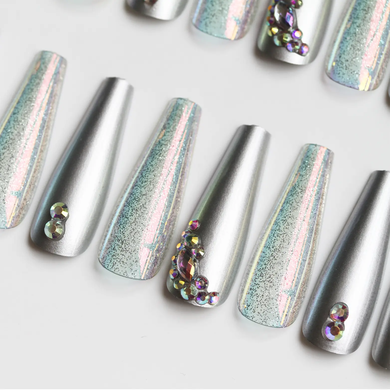 Long Coffin Diamond False Nail Tips Silver Glitter Rhinestones Press on Nails Hand Made Long Artificial Nails