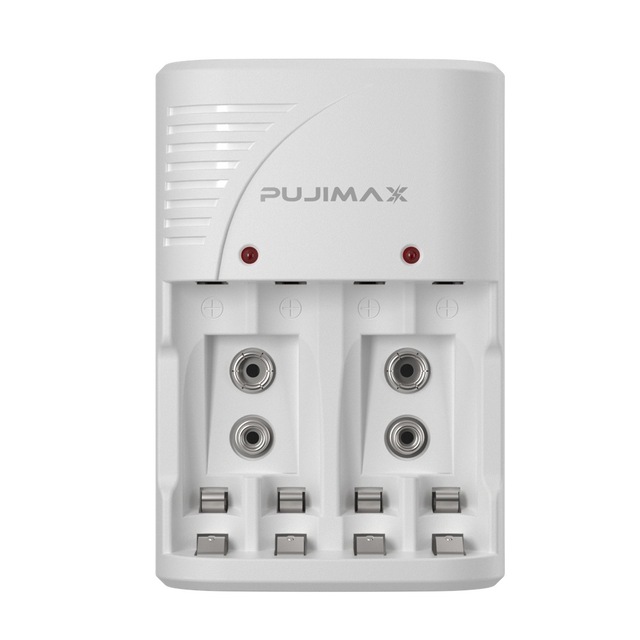PUJIMAX Universal 4-Slot LED Smart 2A/3A/9V Wall Battery Charger 1.2V AA/AAA/9V NiMH/NiCd Rechargeable Batteries for Cameras