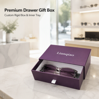 Boîte à lunettes coulissante personnalisée avec logo OEM, boîte d'emballage pour lunettes de soleil violette avec tirette en ruban blanc