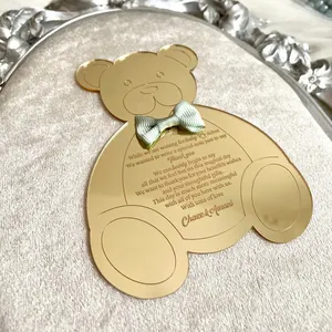 Teddy Bear Acrylic Custom Design Baby Shower Animal Invitation Card With Ribbon Tie