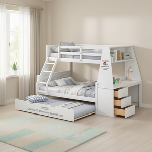 Cama litera blanca doble sobre matrimonial con cama nido, escritorio integrado y tres cajones, juego de muebles infantiles - Product Image 2