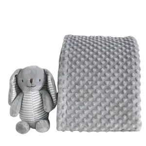 Fast shipping newborn gift polka dot soft fabric printed fleece minky baby blanket set with plush toys