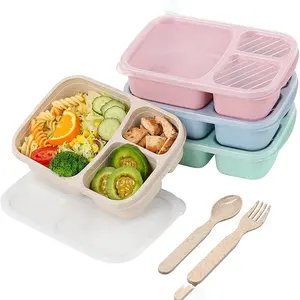 Caixa de almoço para crianças sem bpa, recipientes reutilizáveis de 3 compartimentos para preparação de refeições, caixa de almoço com 4 pacotes, recipiente de armazenamento de alimentos de plástico reutilizável
