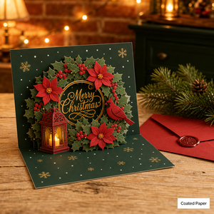Carte de vœux pop-up couronne de Noël, carte de fêtes faite à la main, art papier 3D, design vert et rouge pour salutations saisonnières - Product Image 2