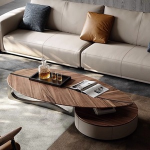 Luxury Coffee Table Designer Style Walnut Wood Irregular Shape With Drawers For Living Room Home Use - Product Image 1