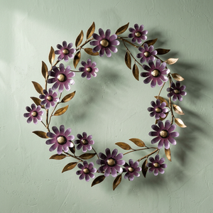Corona Floral Rústica de Metal, Redonda, Hecha a Mano, Decorativa, con Flores, Arte de Pared sin Iluminación, Hojas Moradas y Doradas - Product Image 3