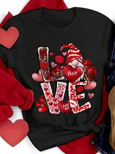T-shirt da donna taglie forti per San Valentino, stampa cuore, rosa ed elfo, girocollo, casual, maniche a polsino, morbida, traspirante, per tutte le stagioni - Product Image 3