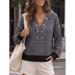 Womens Striped <b>Cropped</b> Hoodie Oversized Sweatshirt V Neck <b>Long</b> <b>Sleeve</b> Loose Fit Knitted Cotton Blend <b>Top</b> - Product Image 2