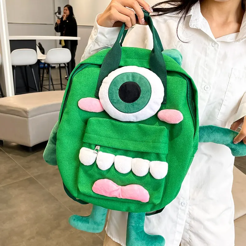 Cute Funny Green Cartoon Big Eye Monster Doll Kid Gift Soft Handle Lady Student Large Capacity School Backpack with Side Pocket