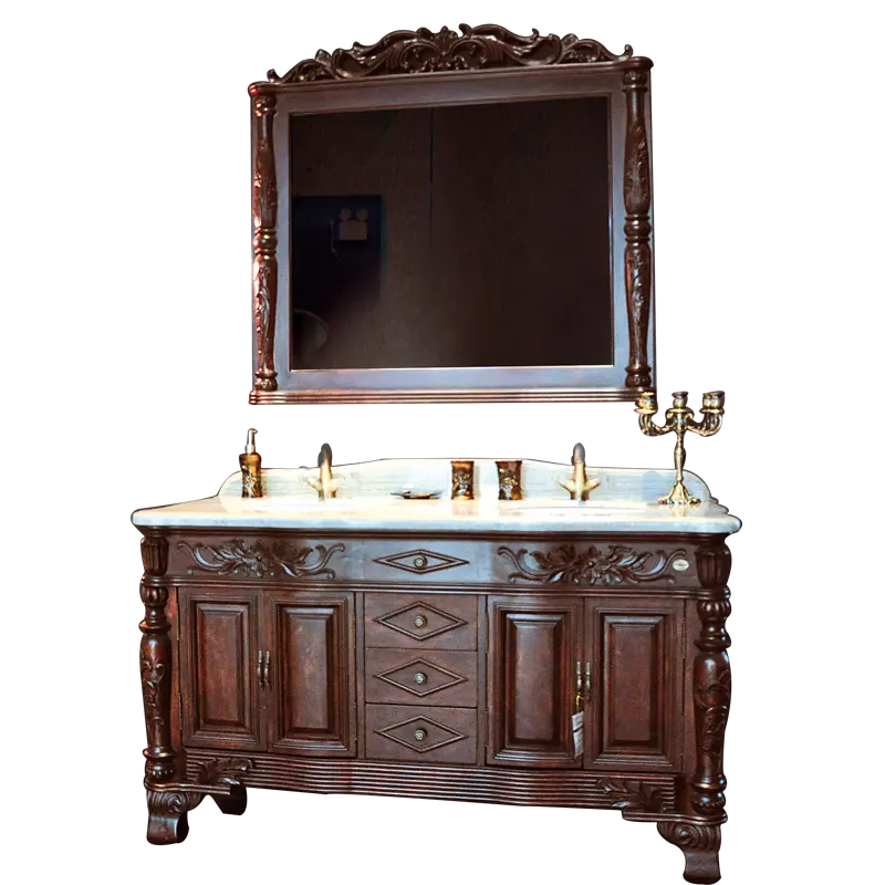 Évier double évier en bois massif, style français classique, armoire de salle de bains, vanité