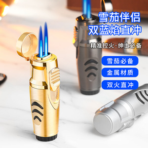 Dual Flush <b>Cigar</b> <b>Lighter</b> Metal Body Refillable Windproof Portable For Home Outdoor Use - Product Image 1