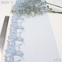 Renda Bordir Bunga Custom 24cm Biru Lembut Swiss Voile Encaje Kain Renda Bordir Floral untuk Jahitan Pinggiran Rok Wanita