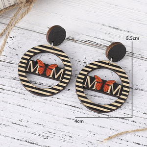 Boucles d'oreilles en bois rayures géométriques rondes creuses papillon pendentif boucles d'oreilles pour femmes Uionen 1110 - Product Image 4