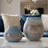 Grand vase en verre soufflé à la main, gris brun ombré avec des fils de peinture noire, vase à fleurs pour la décoration du salon
