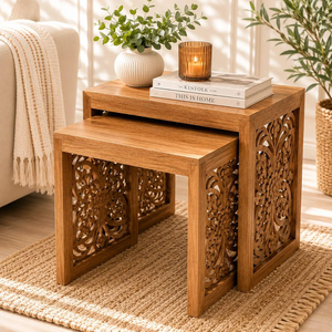 Hand Carved Wood Nested End <b>Tables</b> Natural Walnut Finish Set Of 2 Traditional Bedroom Furniture - Product Image 6