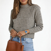 Pull court à col montant côtelé vertical mélangeé à pois pour femme, en fil fin moucheté, avec accent câblé raglan, coupe ajustée