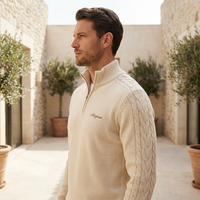 Pull en maille torsadée personnalisé à col zippé pour homme, mélange laine et cachemire, manches longues, esthétique Old Money, luxe discret, tricot.
