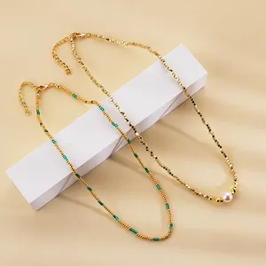Set kalung wanita mutiara imitasi perhiasan modis manik-manik kaca liontin bandul mutiara tembaga desain baru